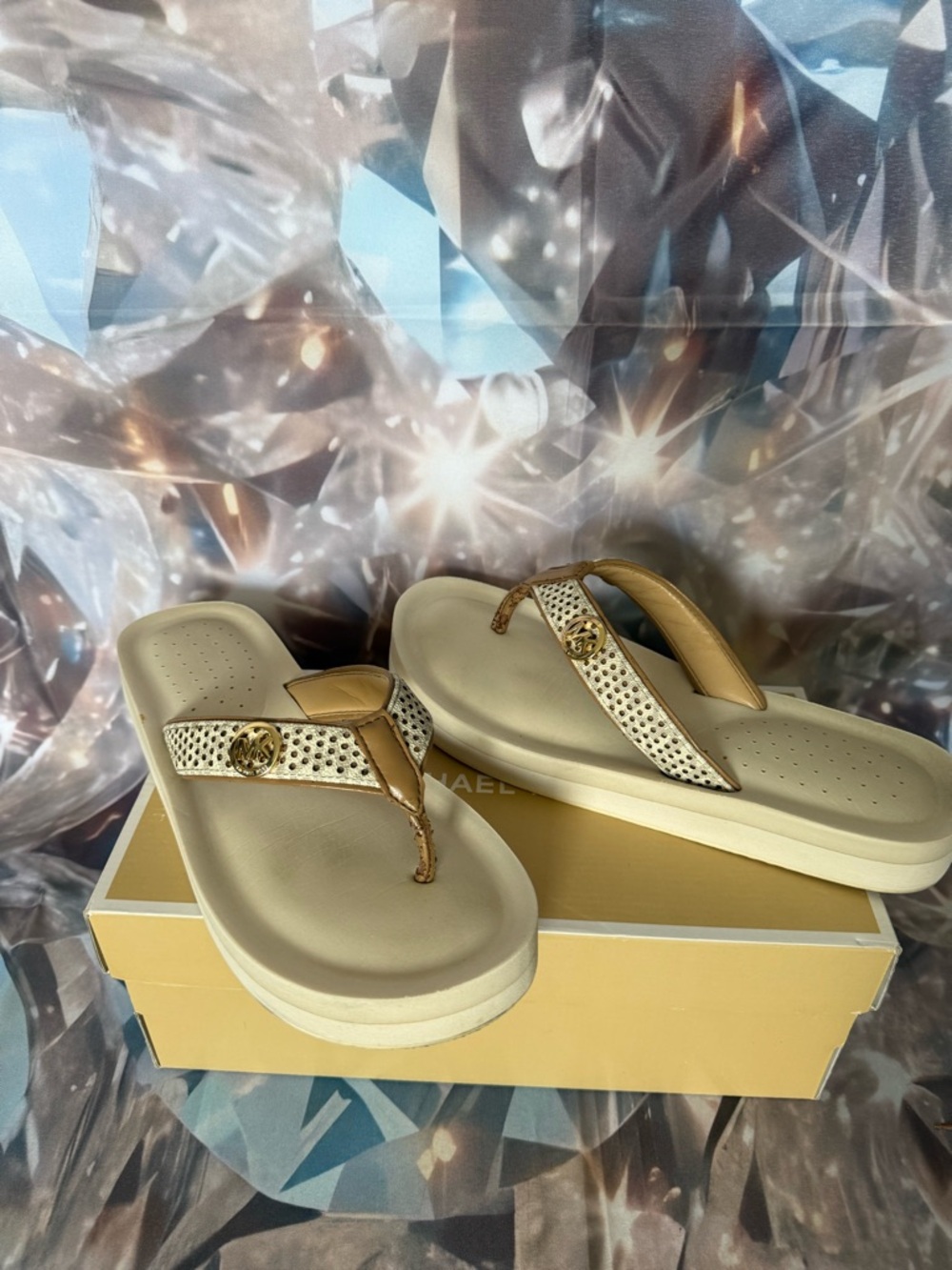 Michael Kors Cream and Gold Logo Thong Sandals